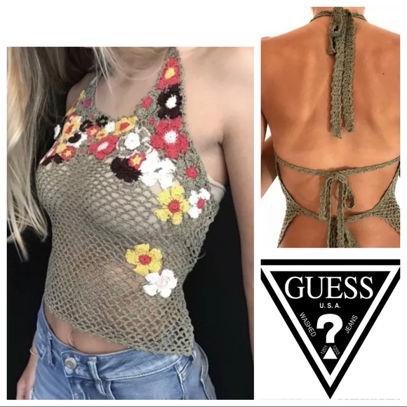 Guess Crochet Floral Halter Boho Festival Top - Picture 11 of 11